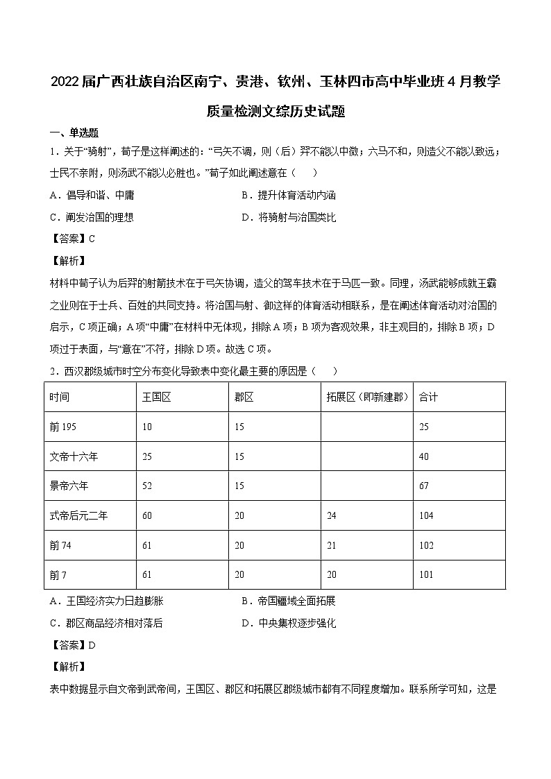 2022届广西壮族自治区南宁、贵港、钦州、玉林四市高中毕业班4月教学质量检测文综历史试题含解析01