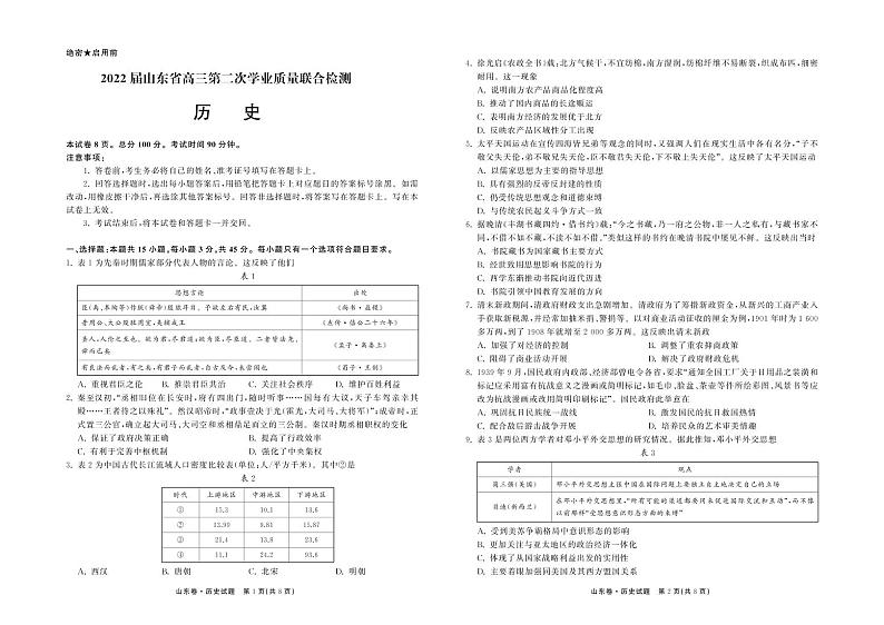 山东省2022届高三第二次学业质量联合检测历史试题01