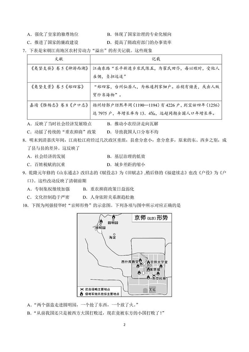 2022山东省师大附中高三上学期开学考试历史试题PDF版含答案第2页