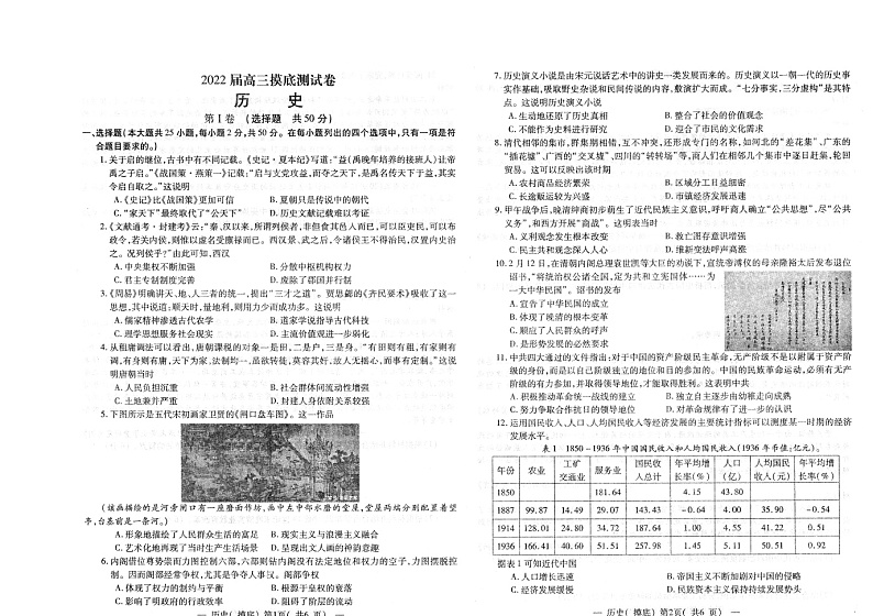 2022南昌高三上学期摸底考试历史试题扫描版含答案01