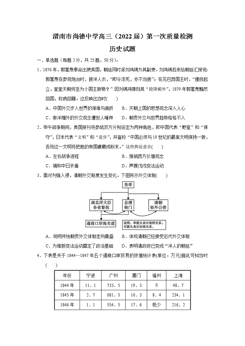 2022渭南尚德中学高三上学期第一次质量检测考试历史试题含答案第1页