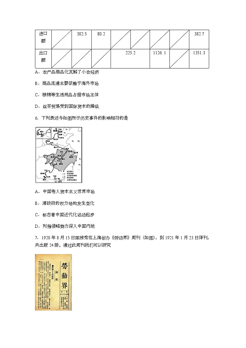 2021重庆市西南大学附中高三下学期第六次月考历史试题含答案第3页