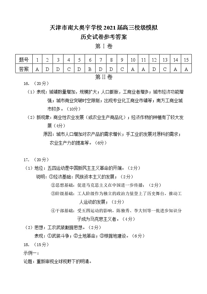 2021届高三历史试卷（奥宇2021.5） 参考答案第1页