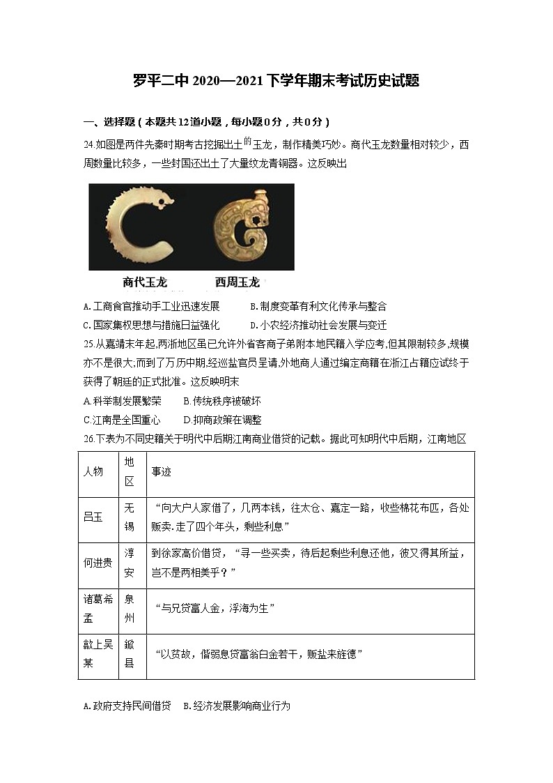 2021曲靖罗平县二中高二下学期期末测试历史试题含答案第1页