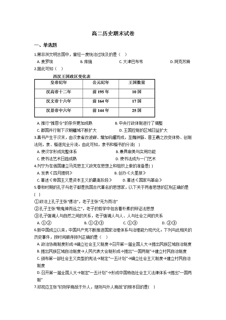 2021马关县一中校高二下学期期末考试历史试题含答案第1页