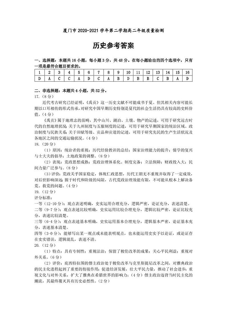 2021厦门高二下学期期末考试历史试题扫描版含答案01