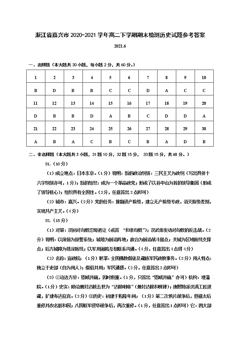 2021嘉兴高二下学期期末检测历史试卷含答案01
