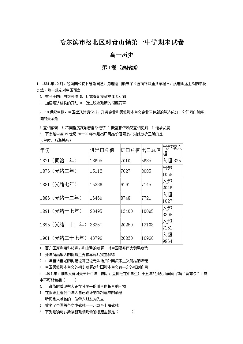 2021省哈尔滨松北区对青山镇一中高一下学期期末考试历史试题含答案第1页