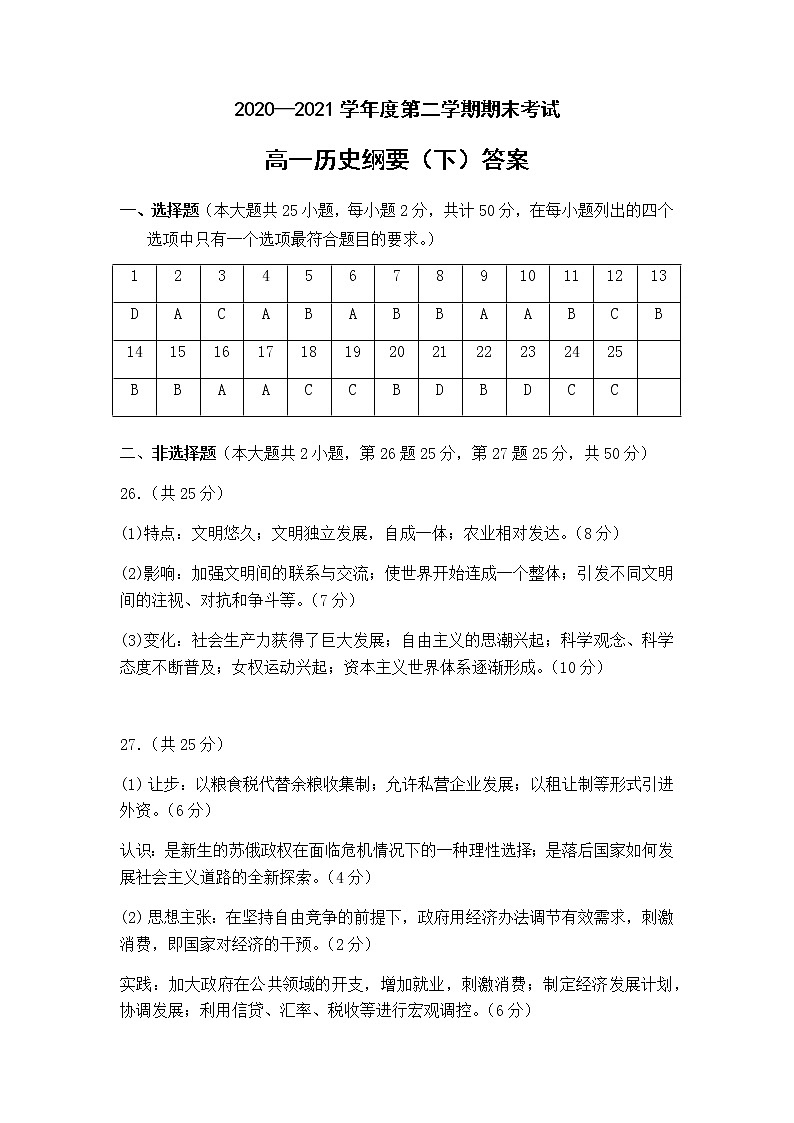 安徽省马鞍山市2020-2021学年高一下学期期末考试历史答案第1页