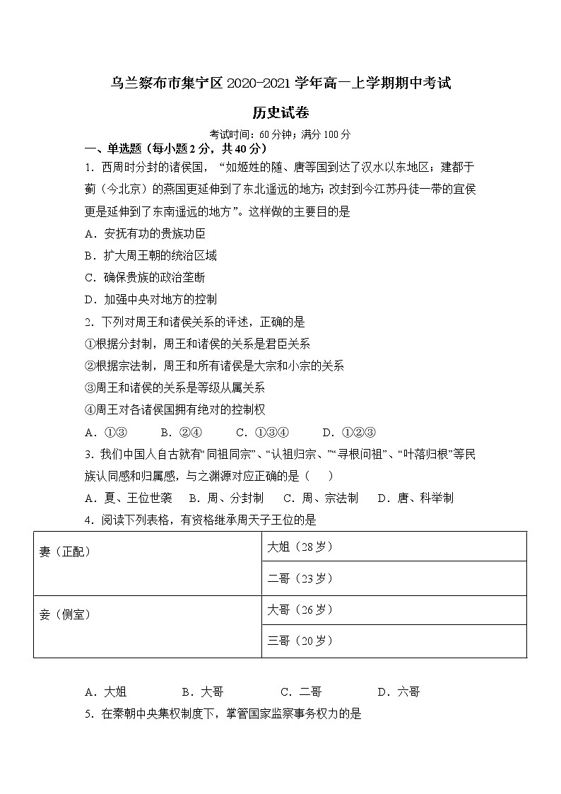 2021自治区乌兰察布集宁区高一上学期期中考试历史试题含答案第1页
