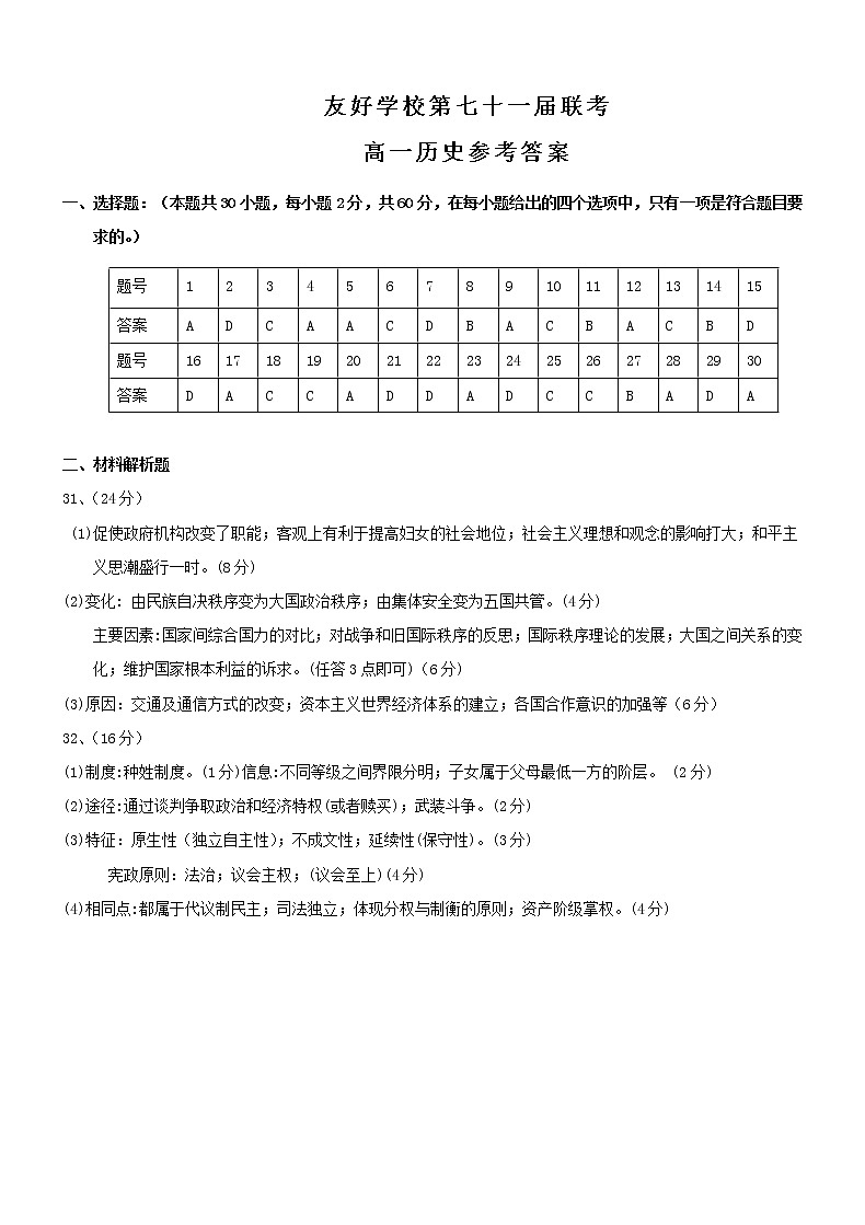 高一历史参考答案第1页