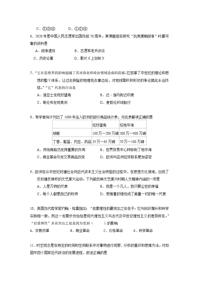 2021长春第二实验中学高一下学期期末考试历史试题含答案02