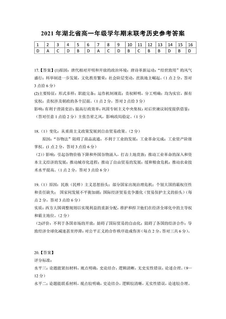 2021襄阳、宜昌、荆州、荆门高一下学期期末联考历史试题扫描版含答案01