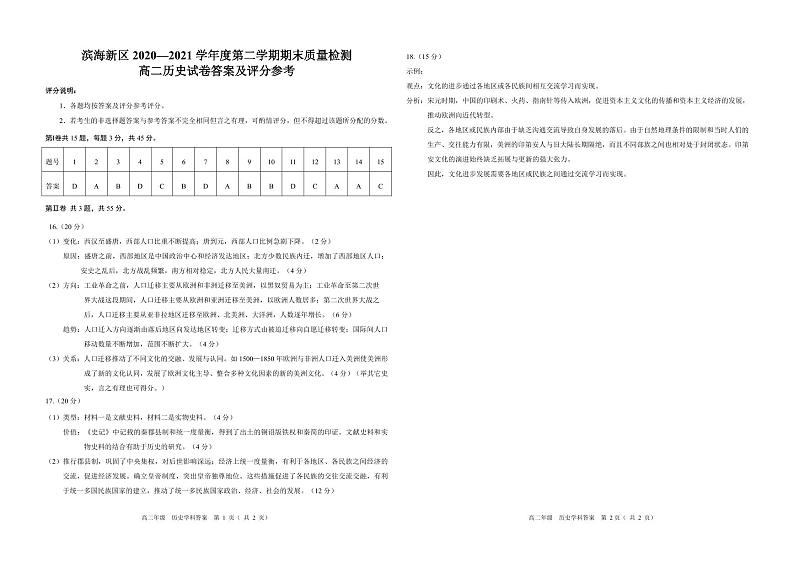 2021天津滨海新区高二下学期期末考试历史试题含答案01