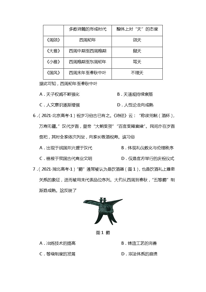 （统编）第1课 中华文明的起源与早期国家（2021年高考真题）试卷02