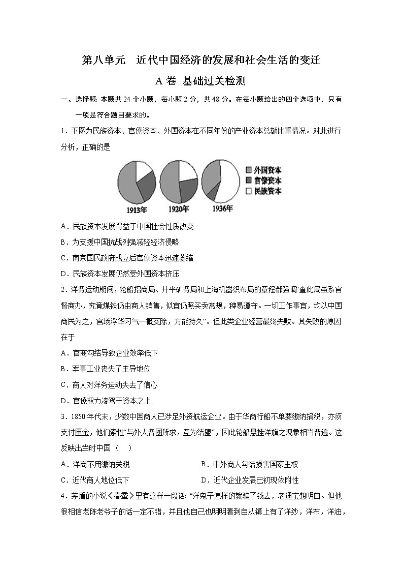 2023届高考历史一轮复习双测卷——近代中国经济的发展和社会生活的变迁A卷 Word版含解析第1页
