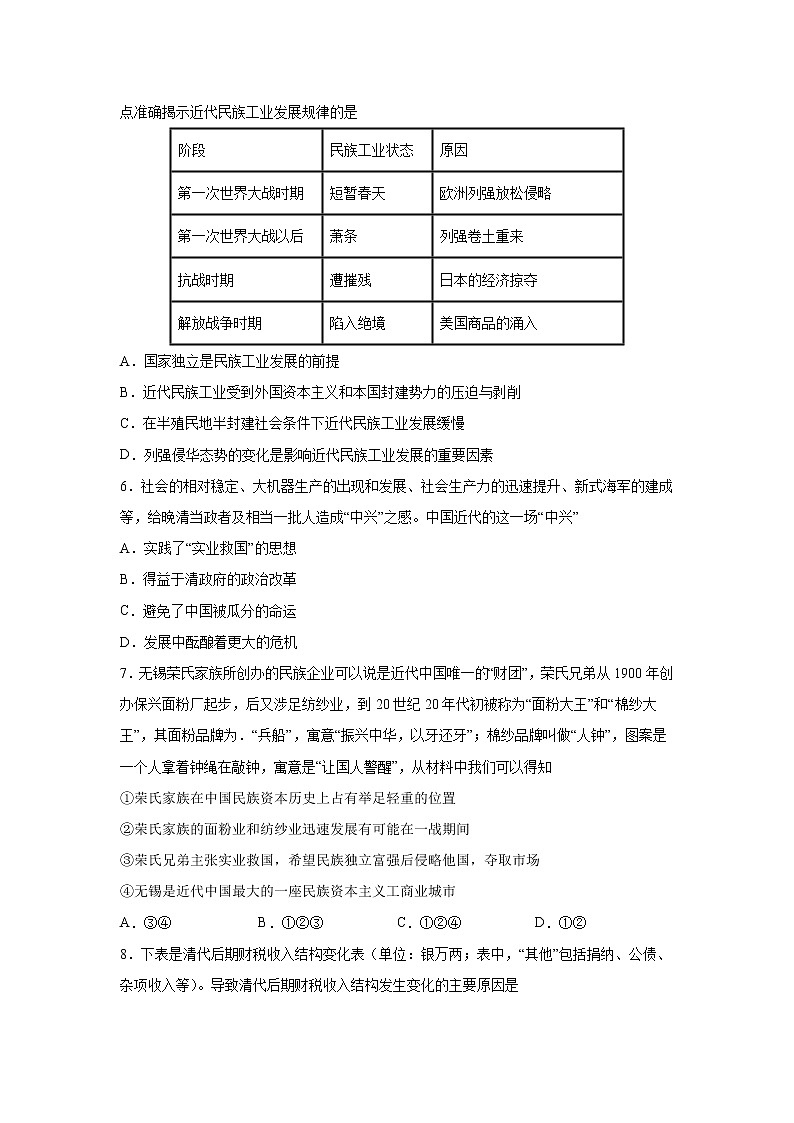 2023届高考历史一轮复习双测卷——近代中国经济的发展和社会生活的变迁B卷 Word版含解析第2页