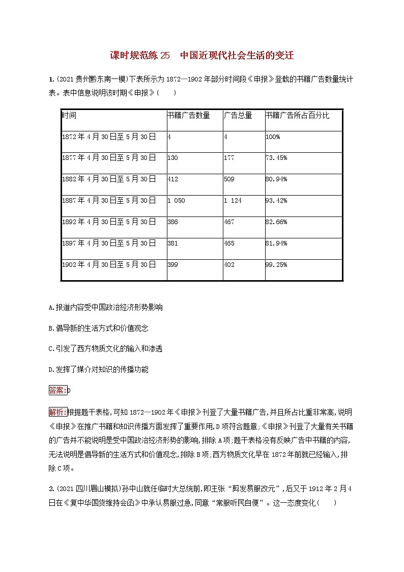 广西专用新人教版高考历史一轮复习课时规范练25中国近现代社会生活的变迁含解析第1页