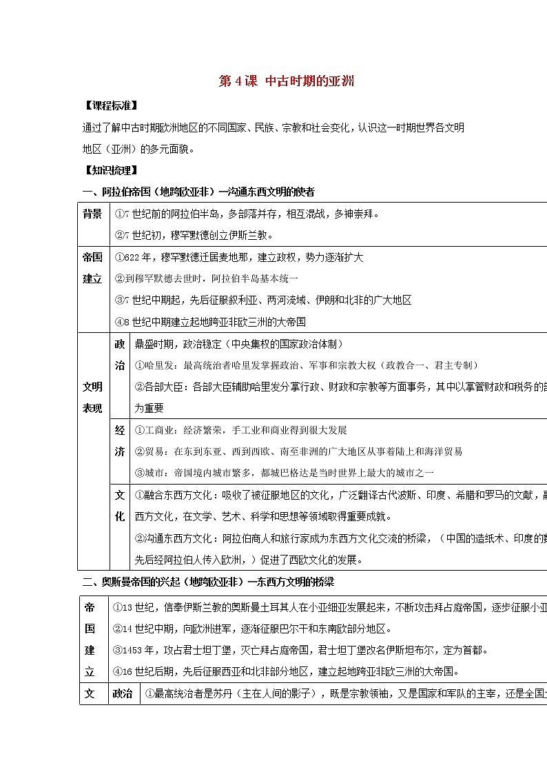部编版高考历史一轮复习第4课中古时期的亚洲教案中外历史纲要下第1页