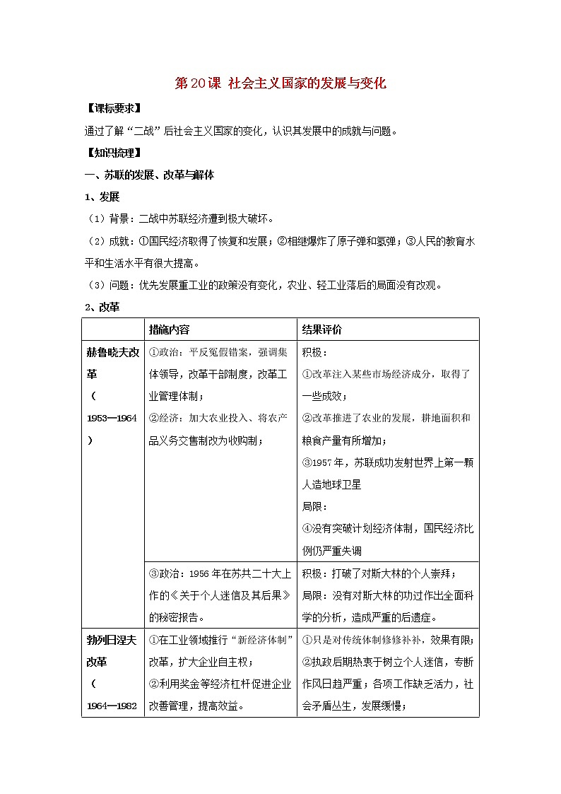 部编版高考历史一轮复习第20课社会主义国家的发展与变化教案中外历史纲要下第1页