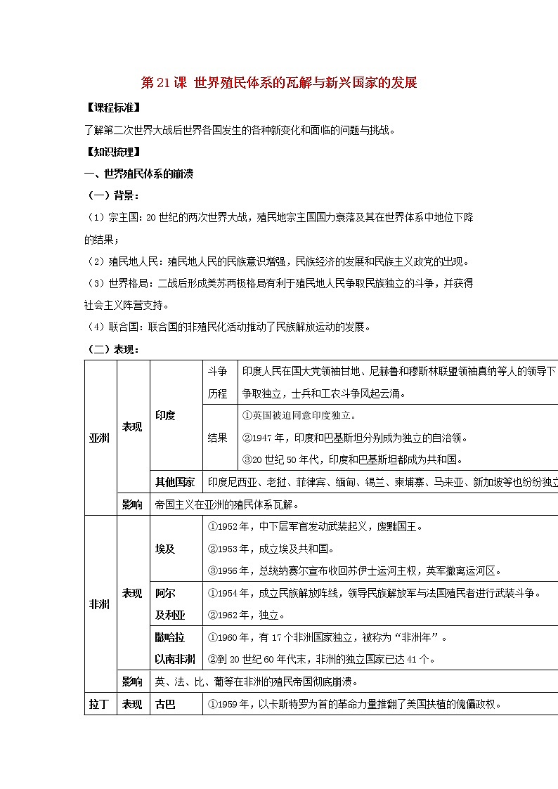 部编版高考历史一轮复习第21课世界殖民体系的瓦解与新兴国家的发展教案中外历史纲要下01
