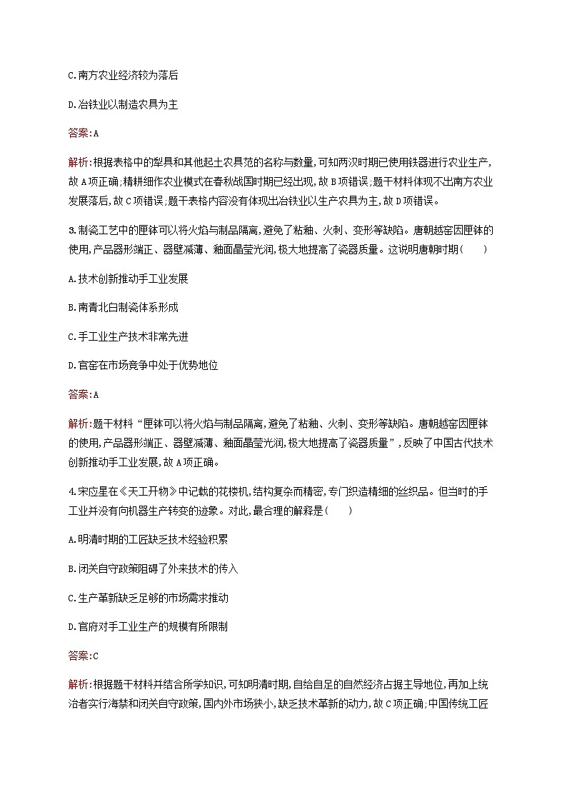 高考历史一轮复习考点规范练37生产工具与劳作方式含解析新人教版第2页