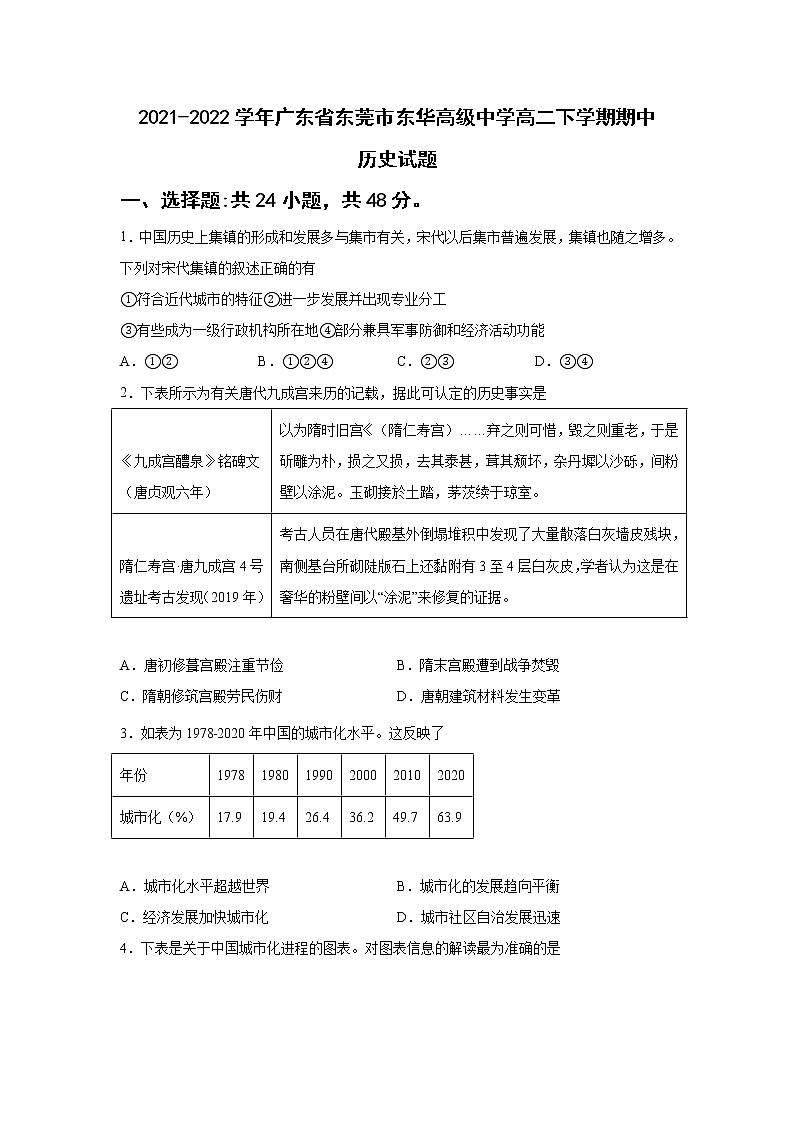 2021-2022学年广东省东莞市东华高级中学高二下学期期中历史试题含解析01