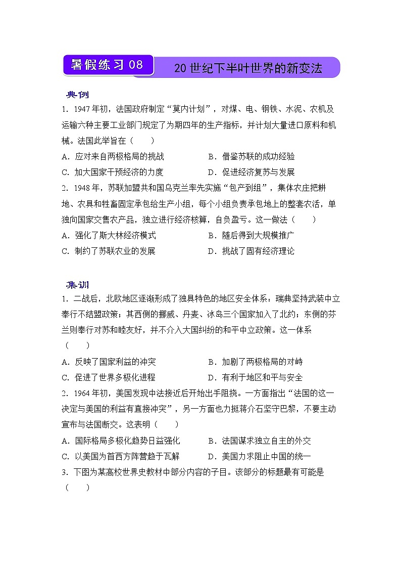 【历史】（新教材）2021-2022学年下学期高一暑假巩固练习8 20世纪下半叶世界的新变法 学生版第1页