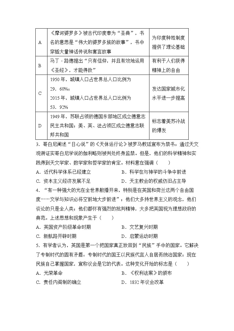 【历史】（新教材）2021-2022学年下学期高一暑假巩固练习4 资本主义制度的确立 学生版第2页