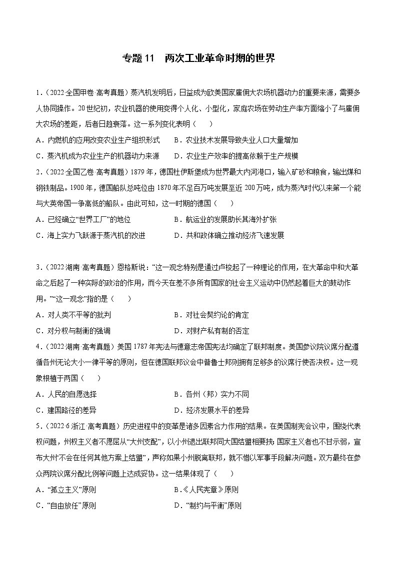 专题11 两次工业革命时期的世界（原卷版）第1页