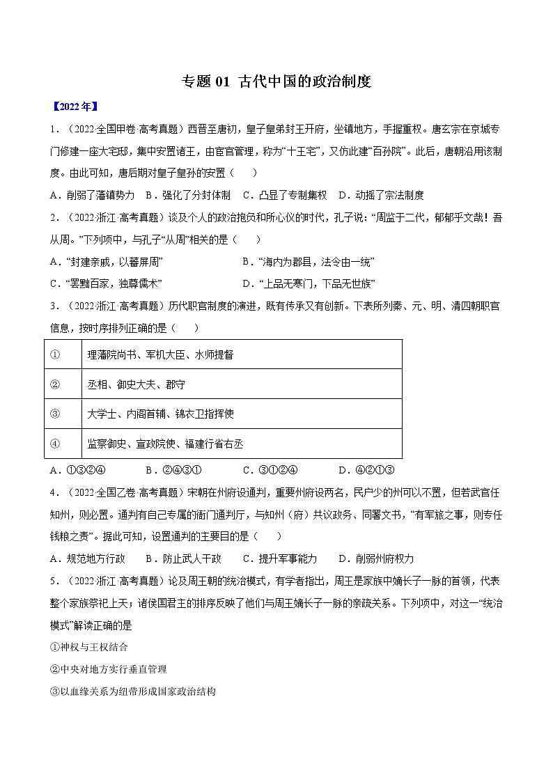 专题01 古代中国的政治制度（原卷版）第1页