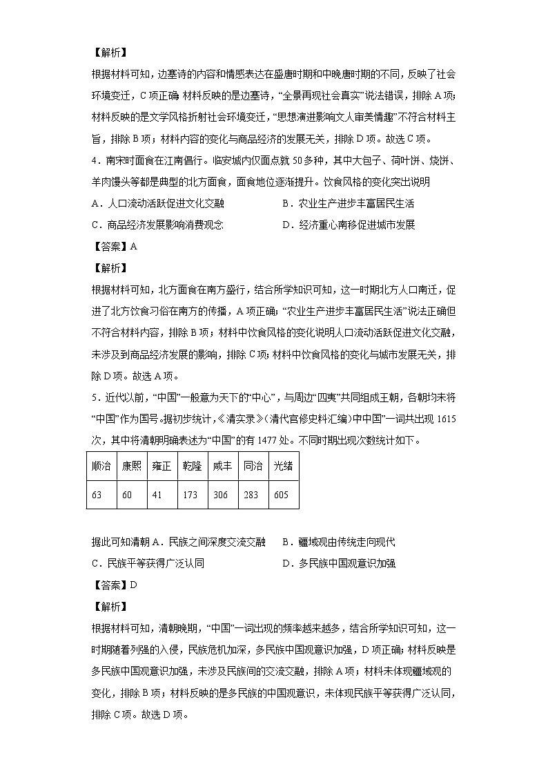2022届山东省日照市高三上学期期末校际联考历史试题（A卷）含解析第2页