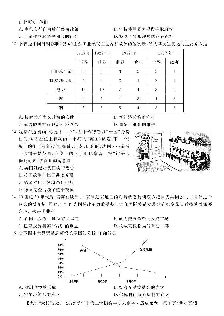2022九江六校高一期末历史试卷第3页