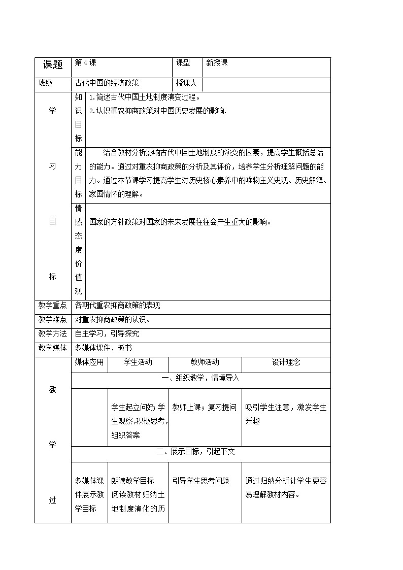 人教版高中历史必修2第1单元古代中国经济的基本结构与特点第4课古代的经济政策2教案01