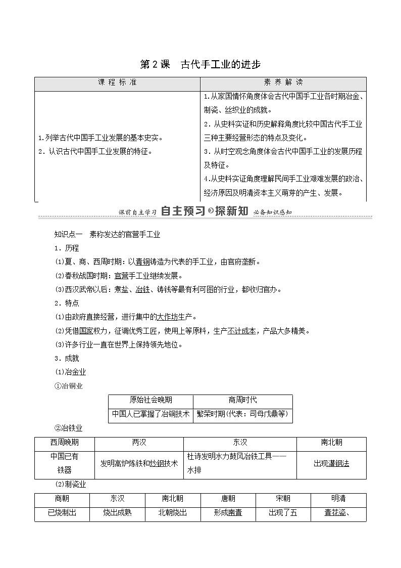 人教版高中历史必修2第1单元古代中国经济的基本结构与特点第2课古代手工业的进步学案01