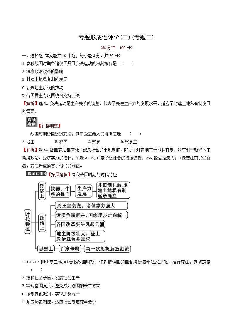 人民版高中历史选修1专题2商鞅变法专题练习含解析第1页