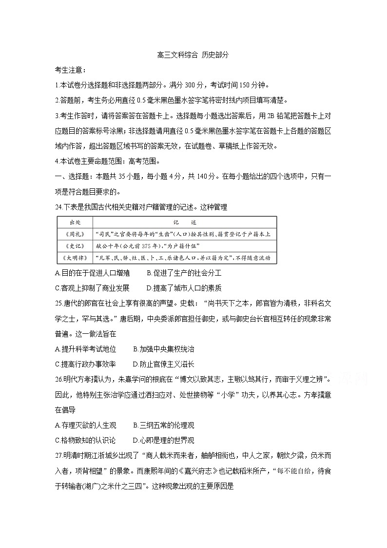 2021河南省九师联盟高三下学期四月联考试题历史含答案第1页
