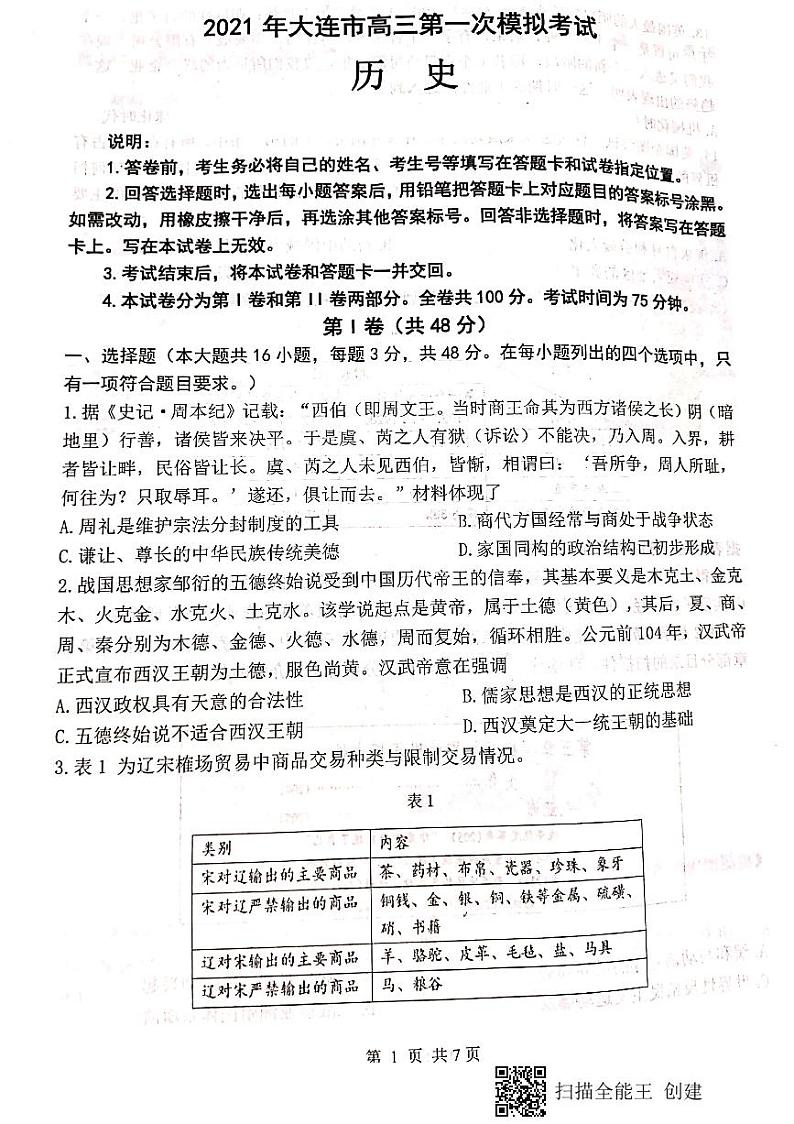 2021年大连市高三第一次模拟考试历史答案第3页
