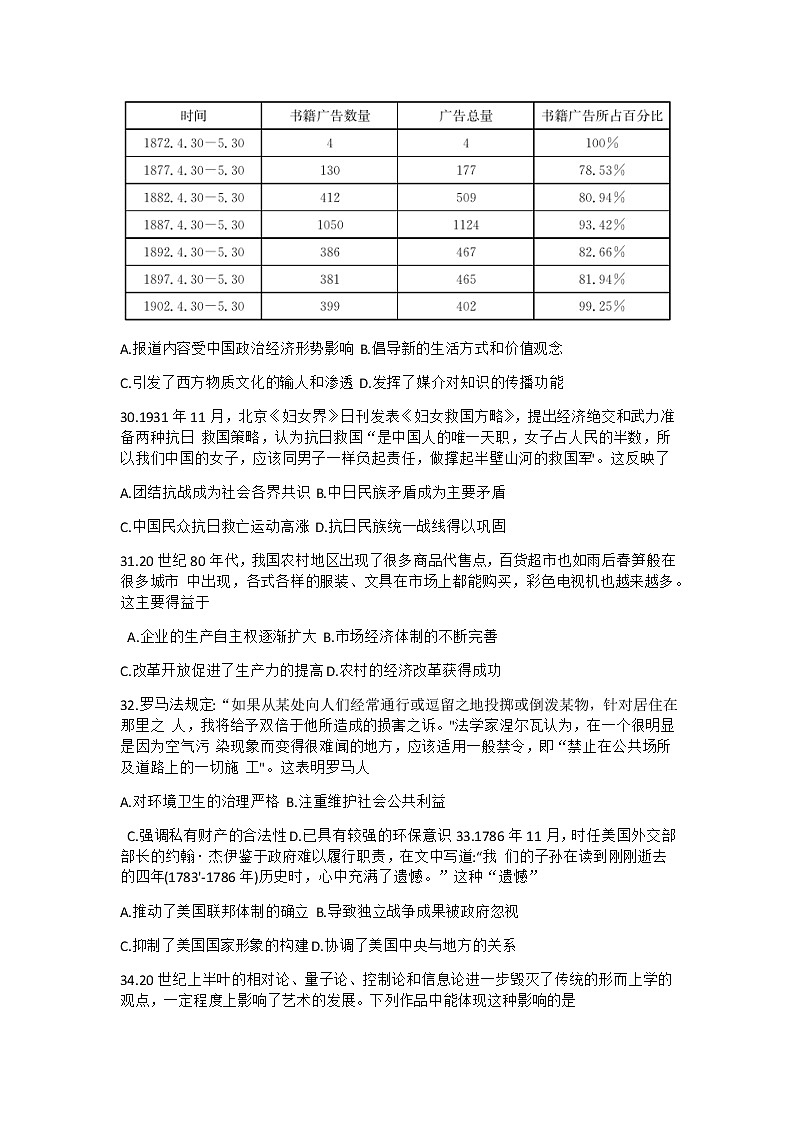 2021黔东南州高三下学期3月高考模拟考试文科综合历史试题含答案02