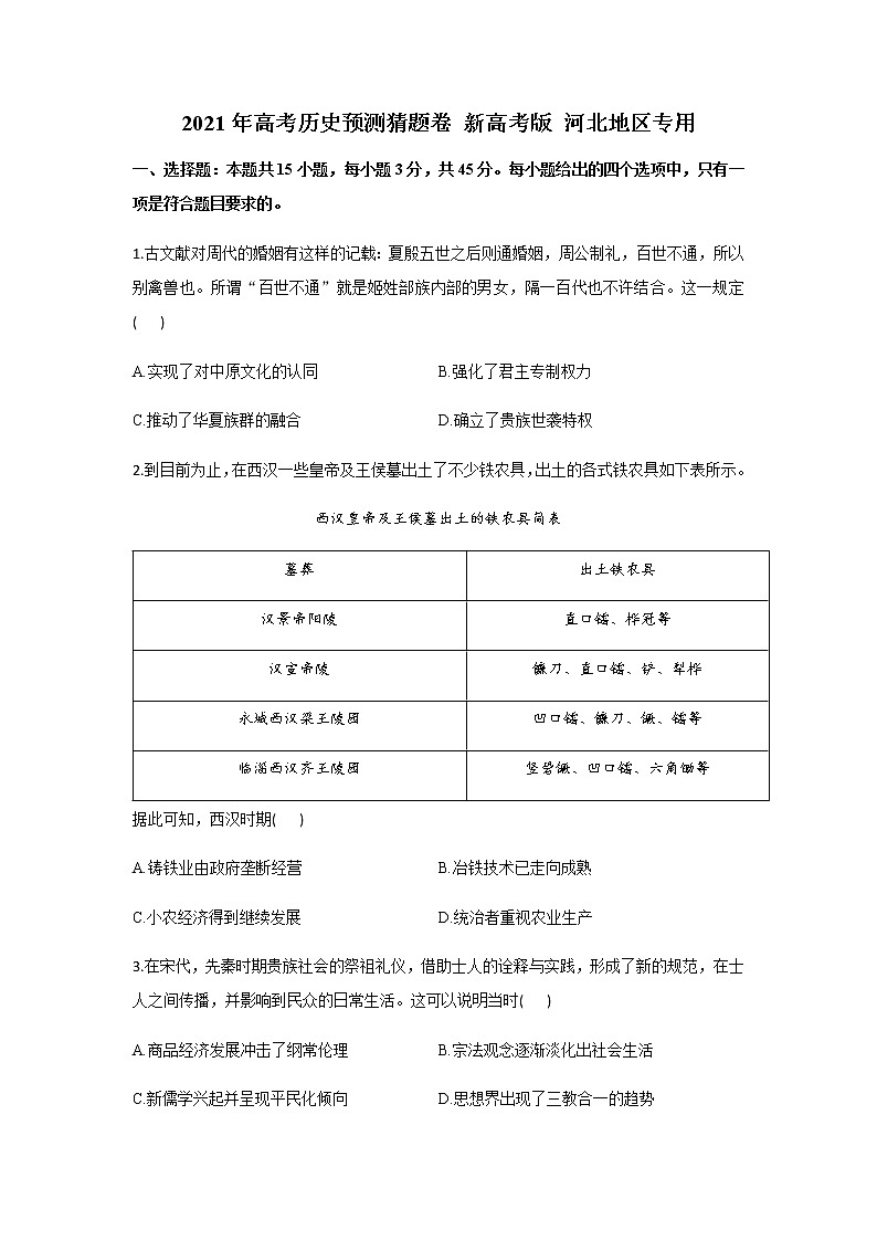 2021河北省高三下学期4月高考预测猜题卷（新高考版）历史试题含答案第1页