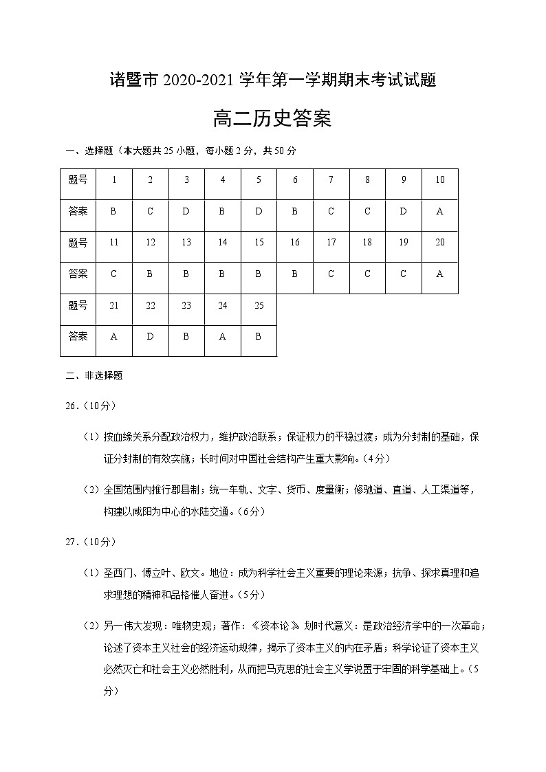 2021诸暨高二上学期期末考试历史试题（PDF可编辑版）PDF版含答案01