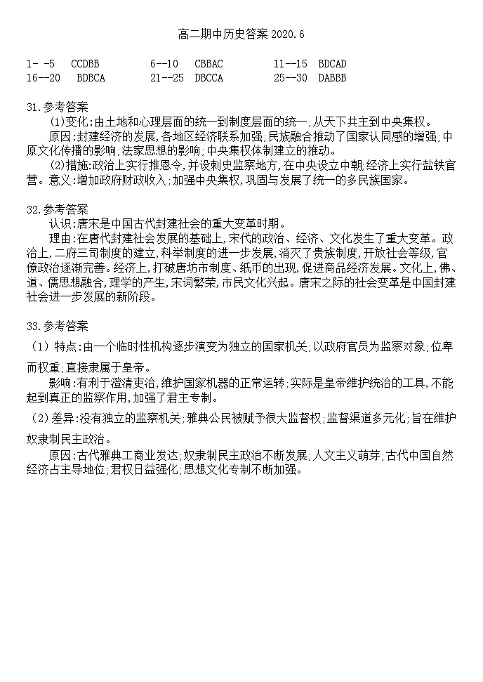 2020应县一中高二下学期期中考试历史试题扫描版含答案01