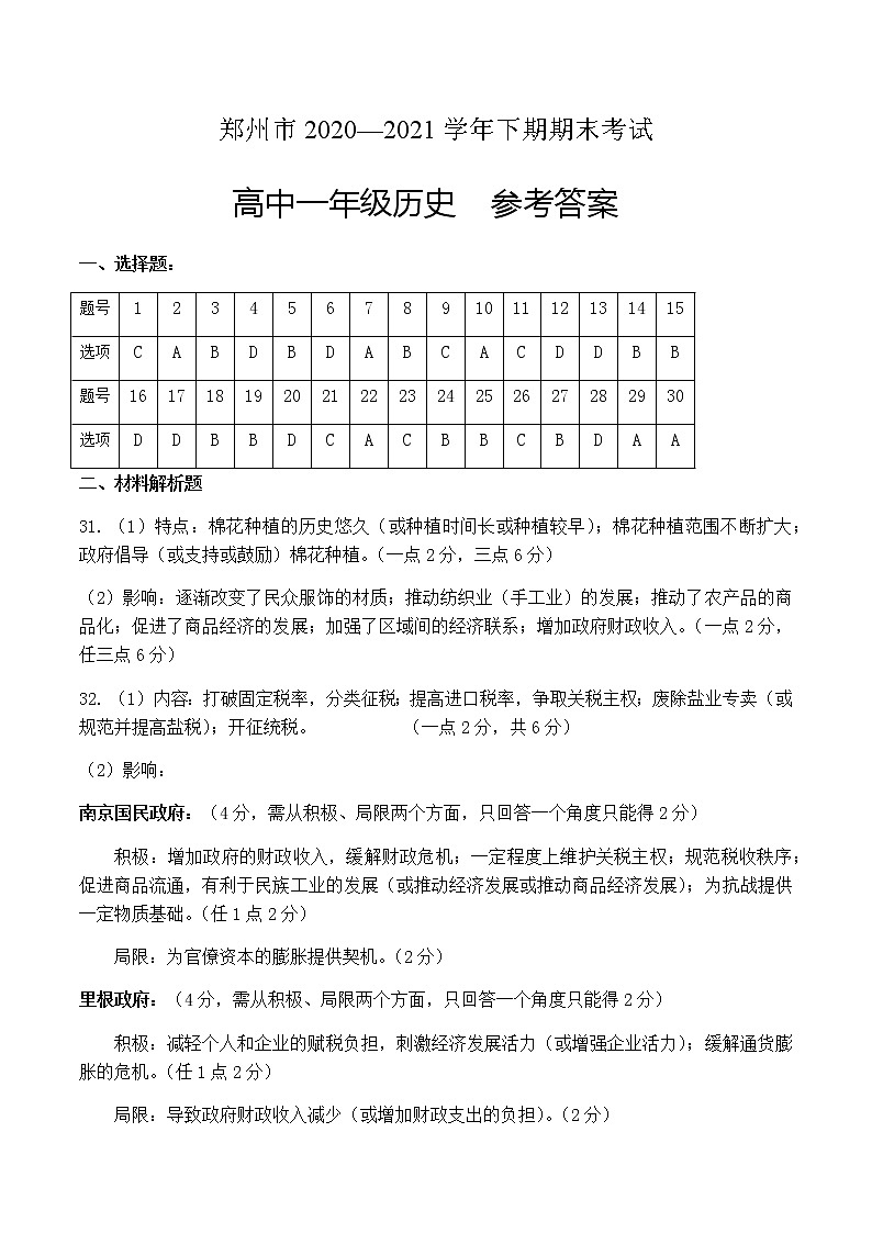 2021郑州高一下学期期末考试历史试题扫描版含答案01