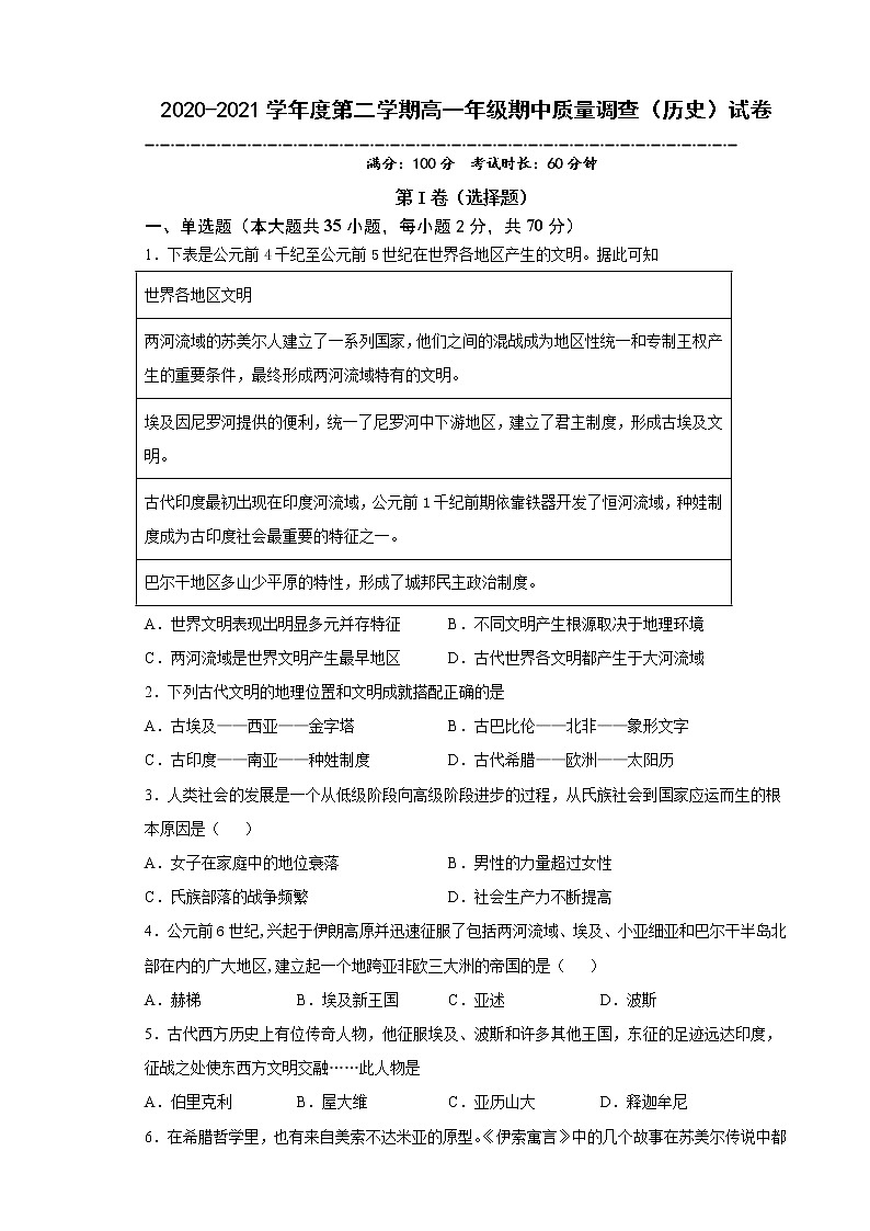 2021天津市实验中学滨海学校高一下学期期中考试历史试题含答案第1页