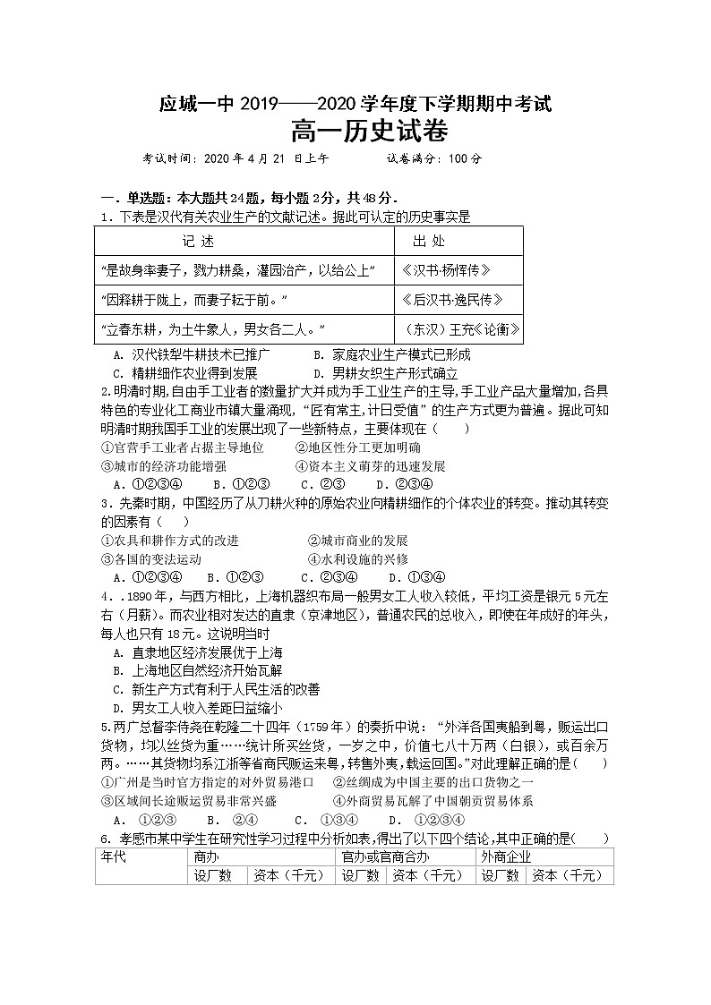 2020应城一中高一下学期期中考试历史试题含答案01