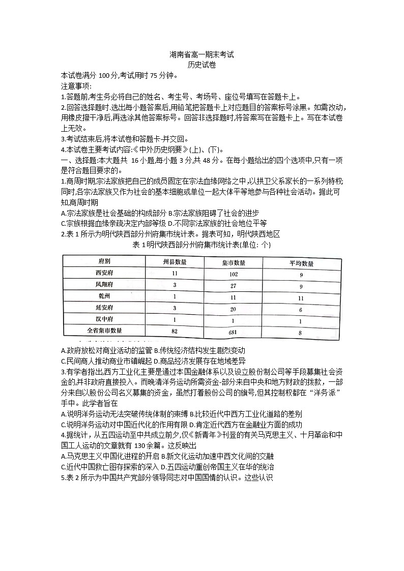 湖南省衡阳市部分校2021-2022学年高一下学期期末考试历史试题01