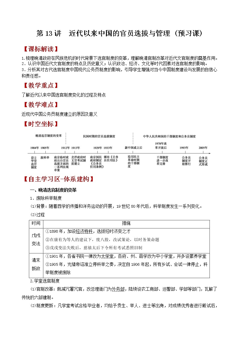 第13讲  近代以来中国的官员选拔与管理-【暑假自学课】2022年新高二历史暑假学案（统编版国家制度与社会治理）01