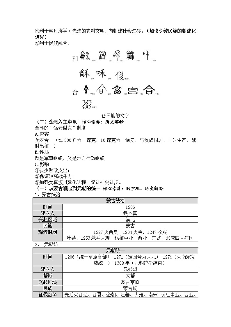 2022-2023学年高中历史统编版（2019）必修中外历史纲要上册第10课 辽夏金元的统治 学案02