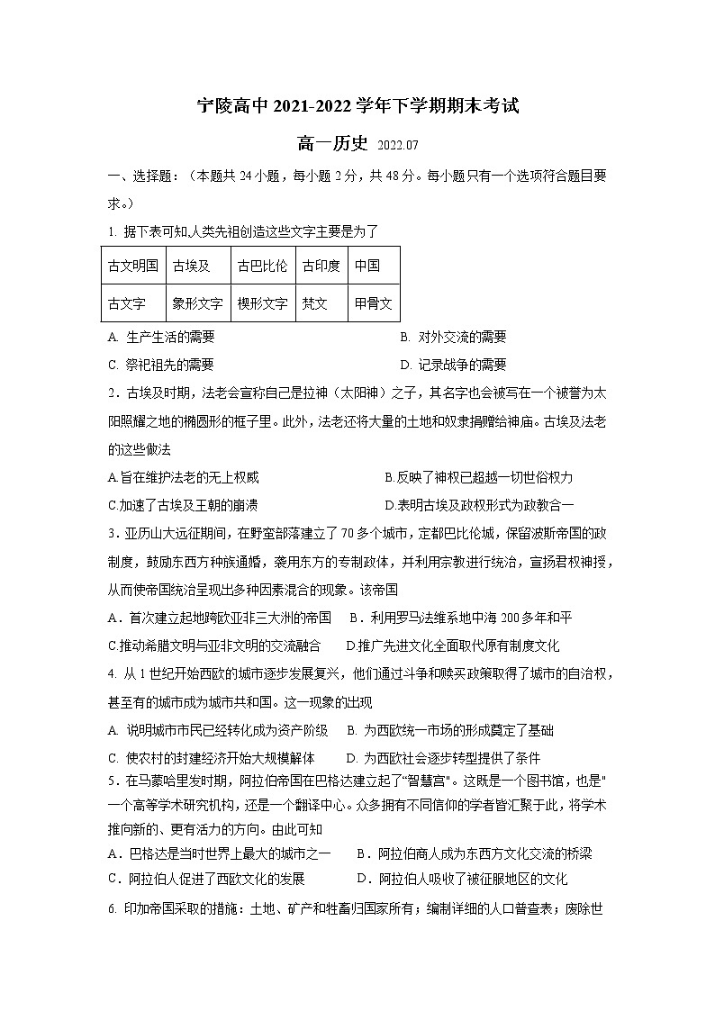 河南省宁陵县高级中学2021-2022学年高一下学期期末考试历史试题01