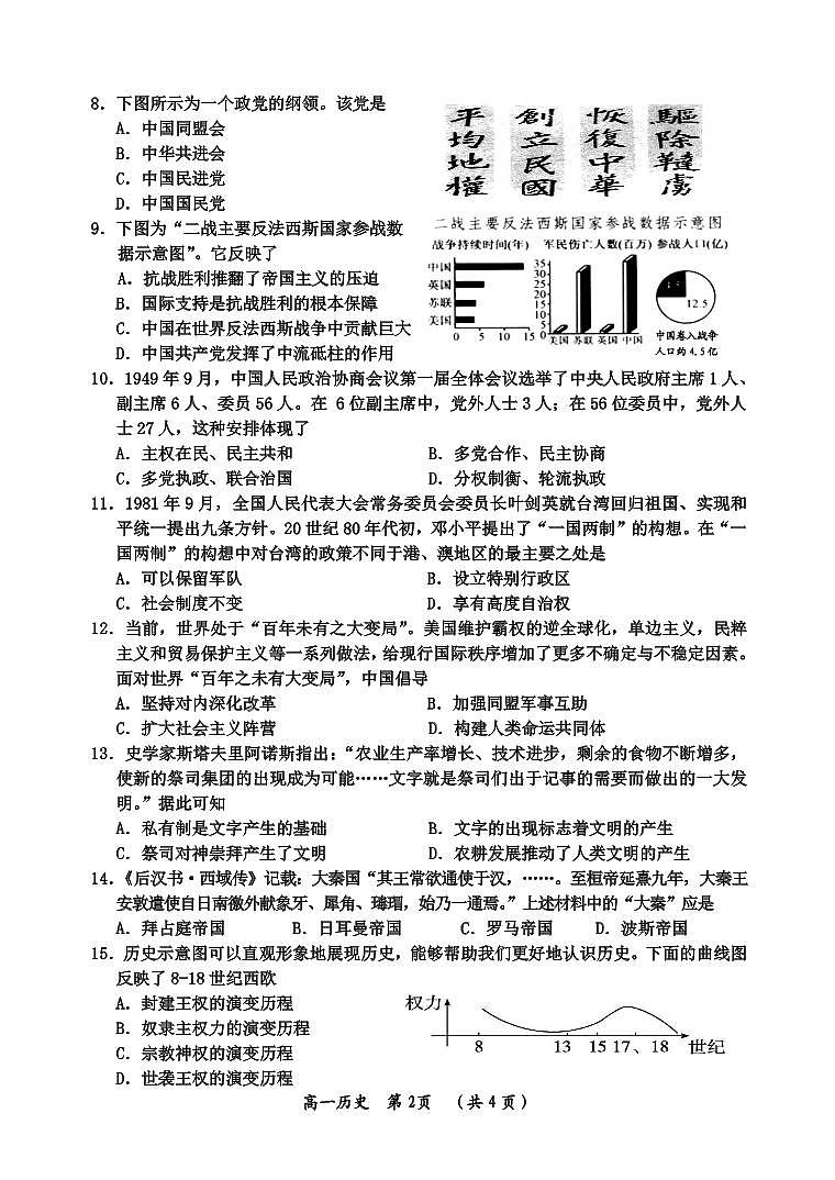 重庆市长寿区2021—2022学年度第二学期期末学业质量监测高一历史试题B卷02